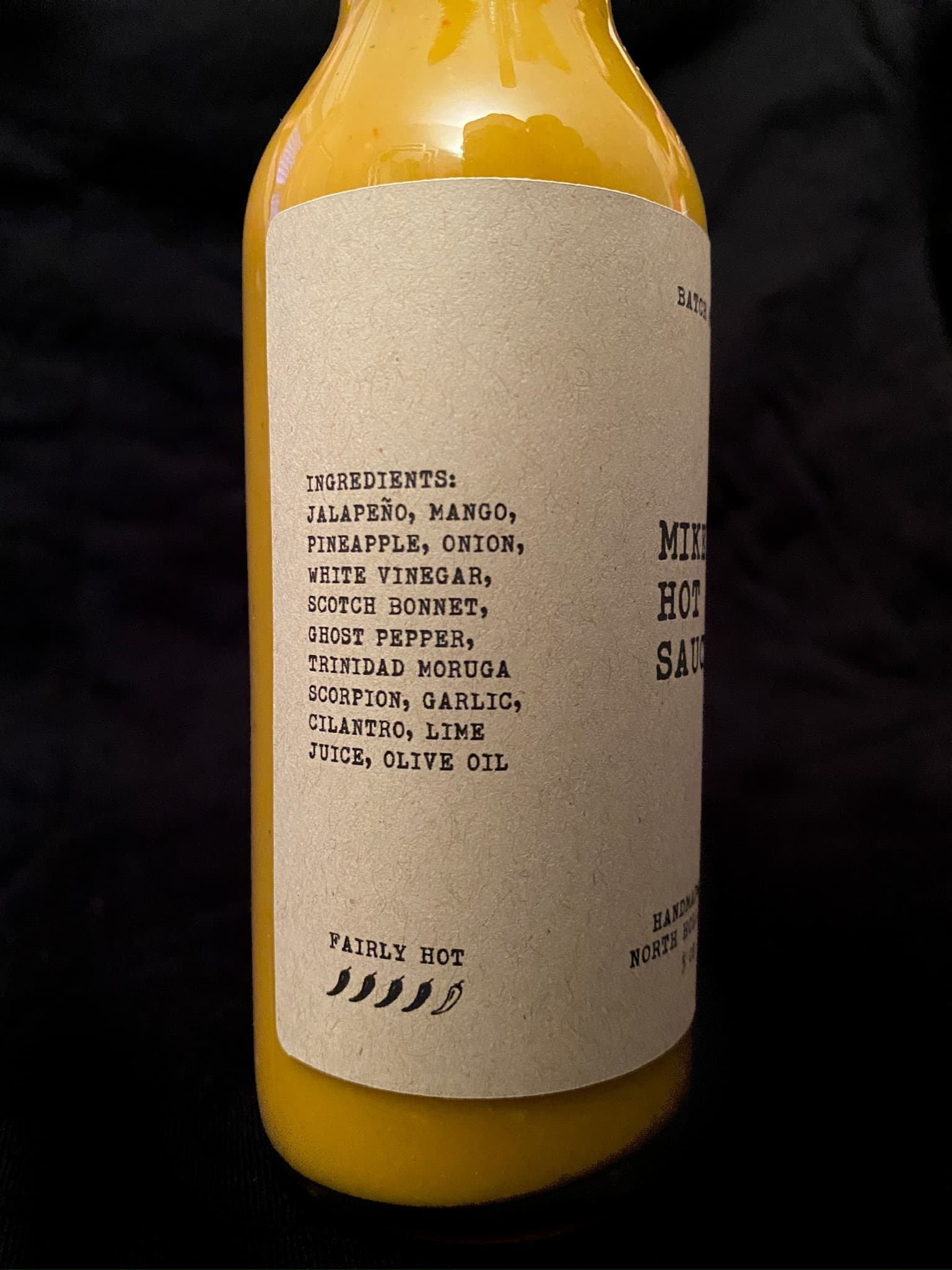 Back label of Mike's Hot Sauce Batch #1.
